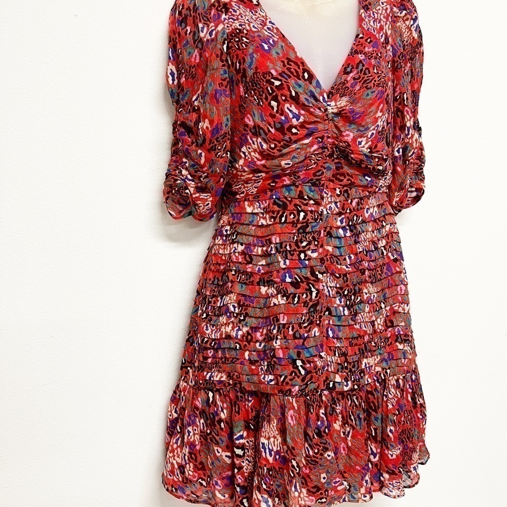 Tanya Taylor Womens Red Leopard Floral Print Pansy Silk Mini Ruffle Dress Sz 2 - Picture 4 of 10